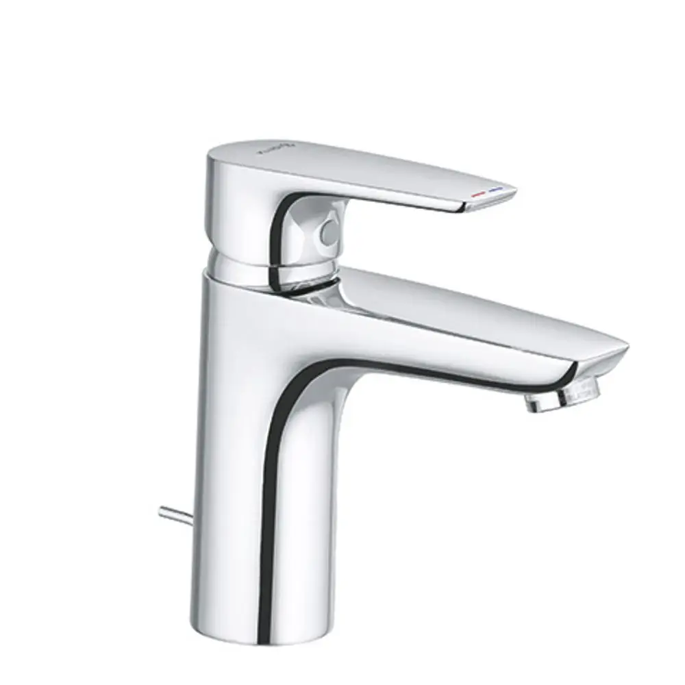 Kludi-Waschtischarmatur mit einem modernen Design aus verchromtem Metall, einem Hebel zur Temperaturregelung und einem seitlichen Ablauf.